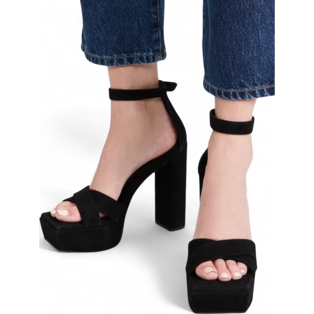 Black Suede Platform Sandal Block Heel Square Toe Ankle Strap Size 10.5 NEW - Picture 2 of 12
